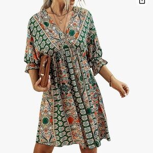 Women's Floral Printed V Neck Half Sleeve Boho Elastic Waist Big Hem Dress